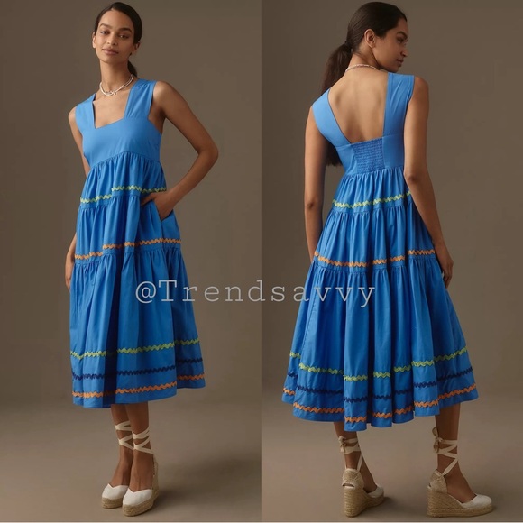 ANTHROPOLOGIE The Helena Smocked Scallop Edition Tiered Midi Dress Blue S NWT - Picture 1 of 10